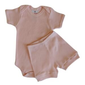 Kit Conjunto Body Short Tapa Fralda Bebê Liso Menino Menina Manga Curta Antialérgico Malha Algodão Canelado MXC BRASIL (Rosa Bebê, G (6 á 9 mês))