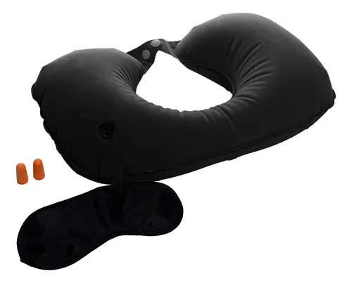 Almofada de Pescoço Inflável para Viagem, Kit com Máscara de Dormir e Protetor de Ouvido, Travesseiro Portátil para Avião e Carro (Preto)